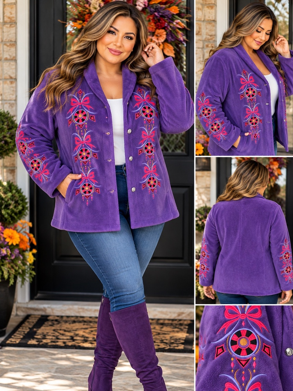 Bob Mackie fleeced Embroidered Purple Jacket - Women's Cozy Button-Front Coa